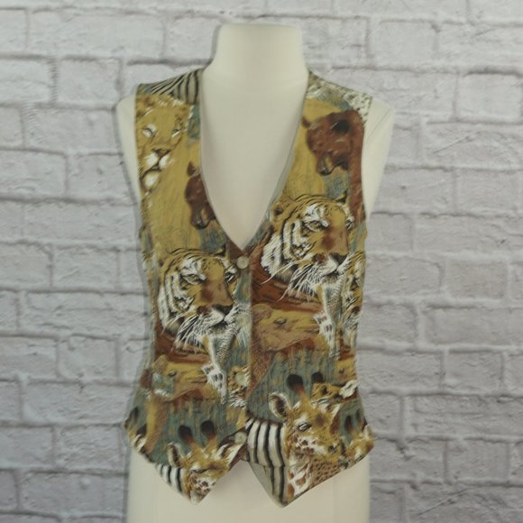 Vintage Jackets & Blazers - Vintage Safari Animal Tiger Lion Zebra Giraffe Khaki Vest